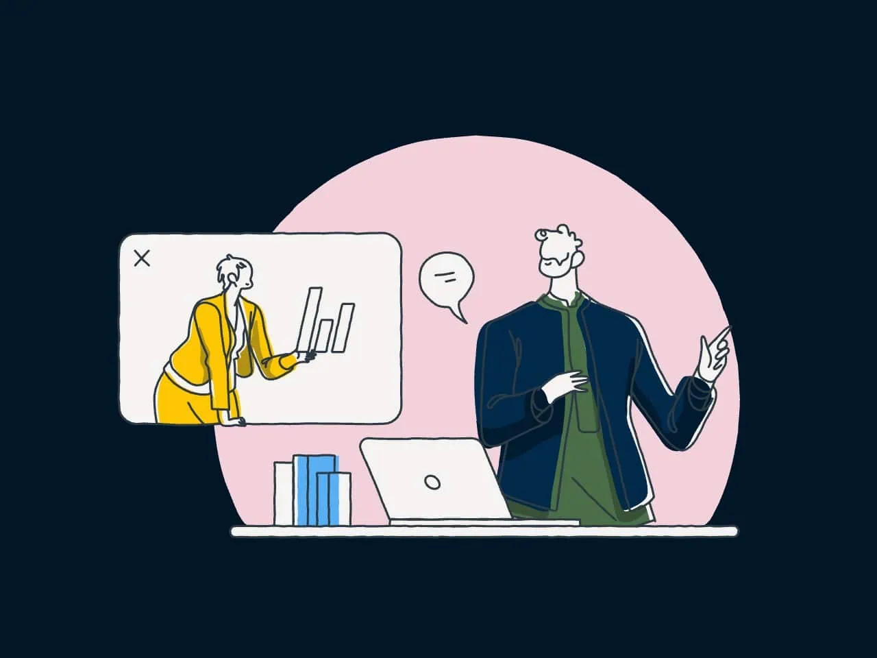 Man delivering online presentation with chart slide