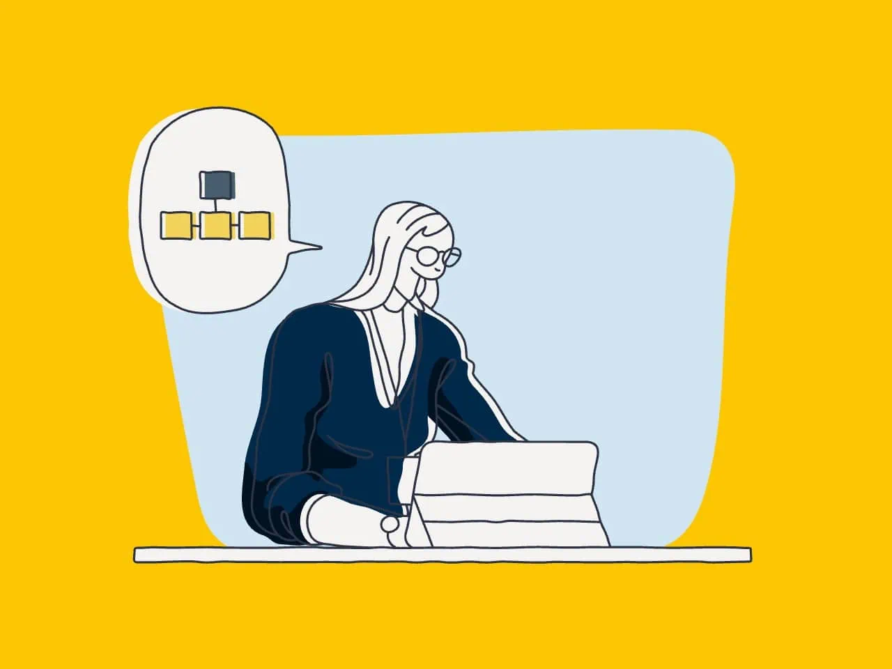 Woman working on laptop with organisational chart illustration