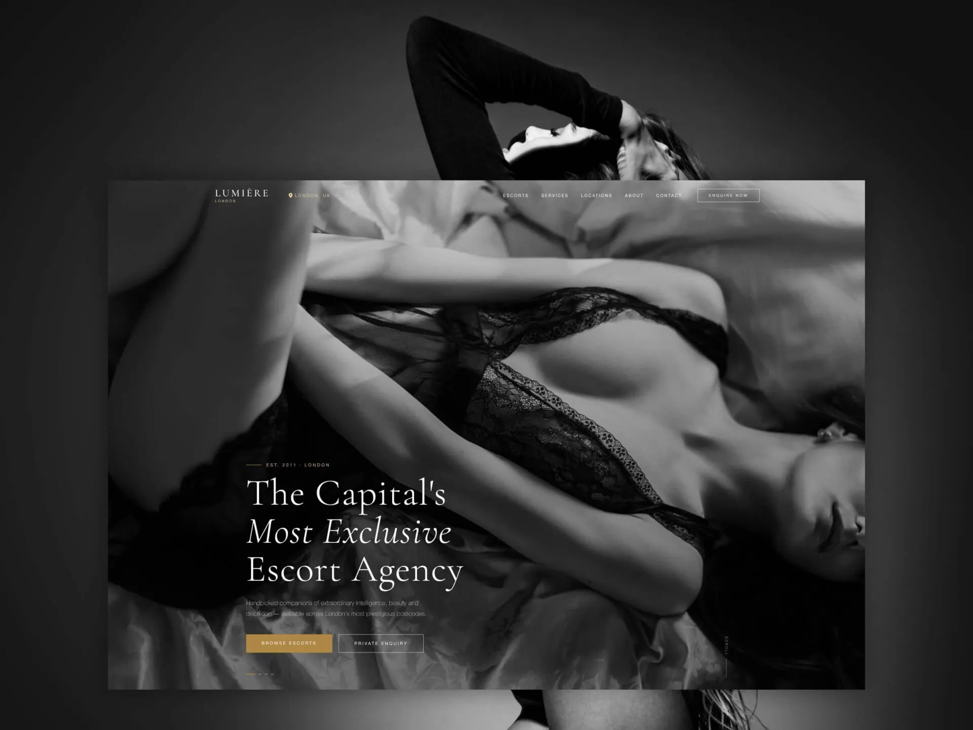 Black-and-white lingerie model on escort agency website