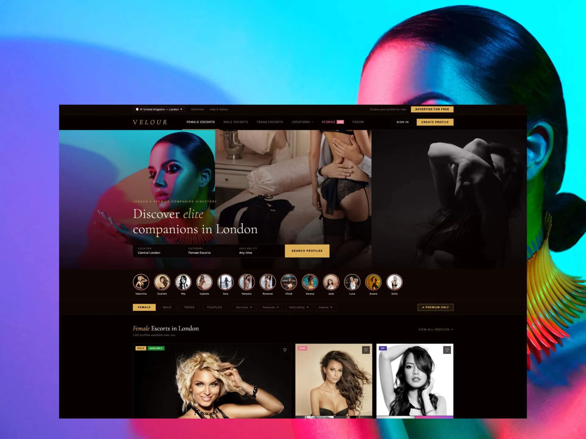 Escort directory website homepage for London companions