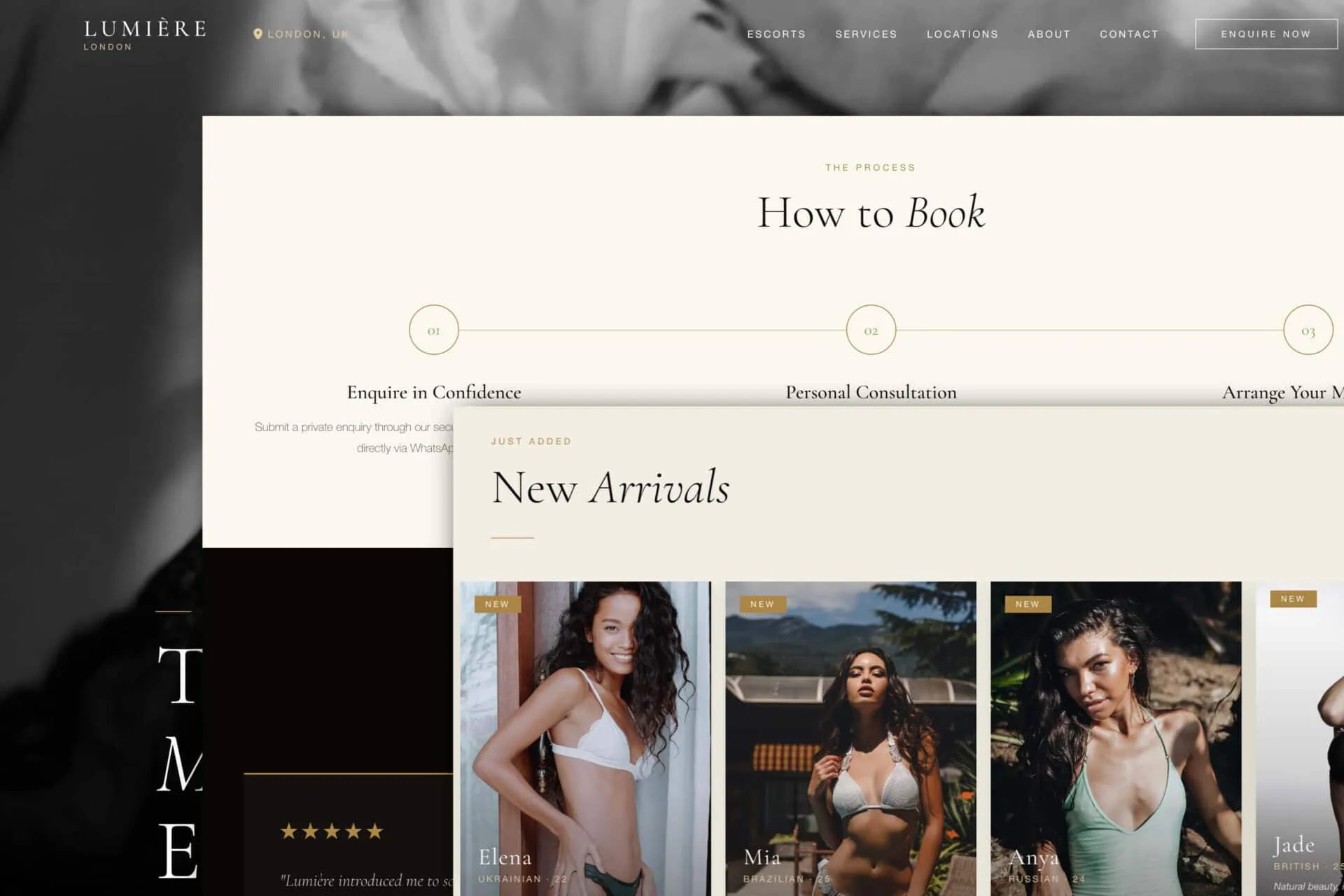 Luxury escort website with booking process and new arrivals