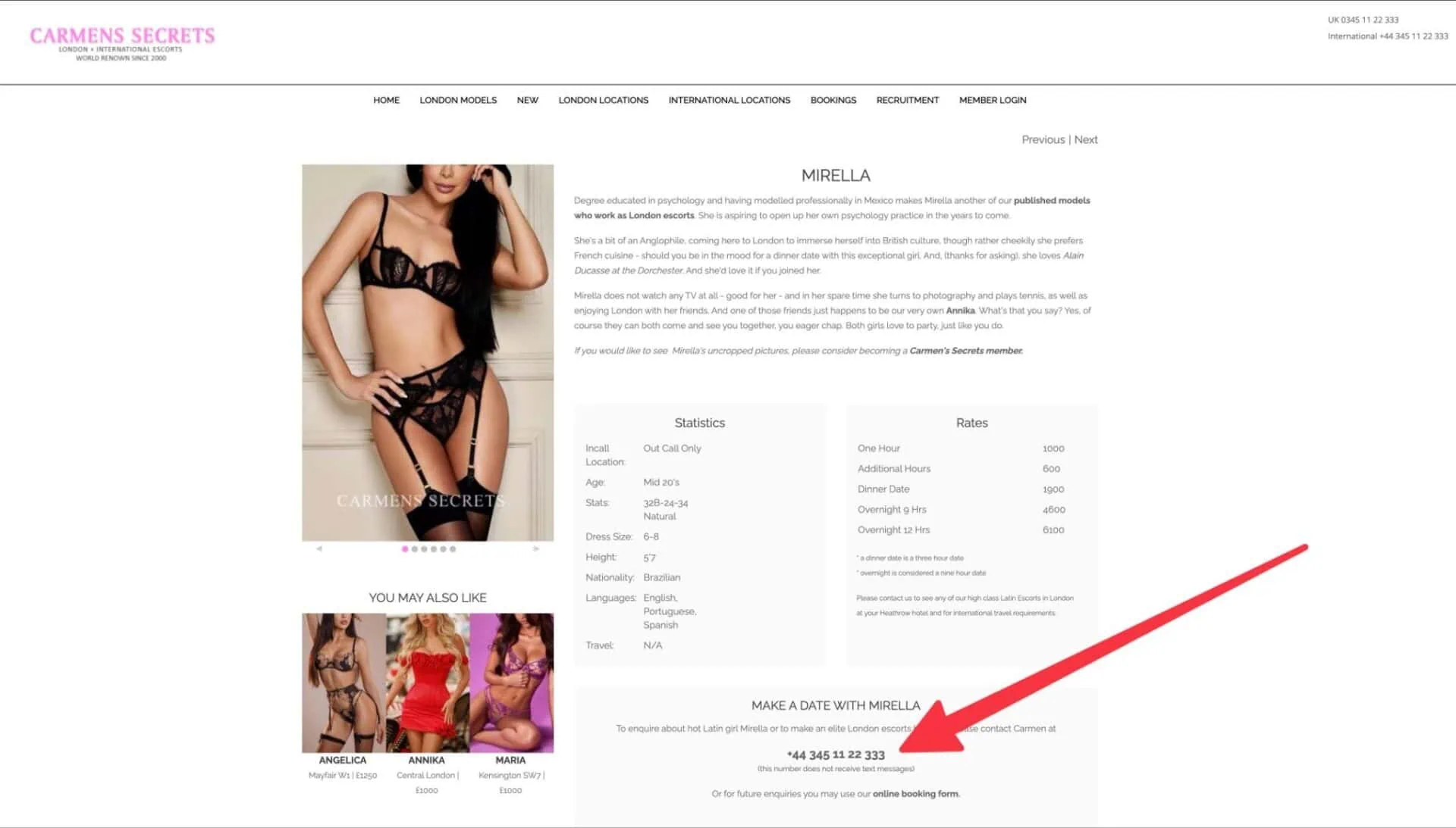 Escort profile page featuring Mirella in black lingerie
