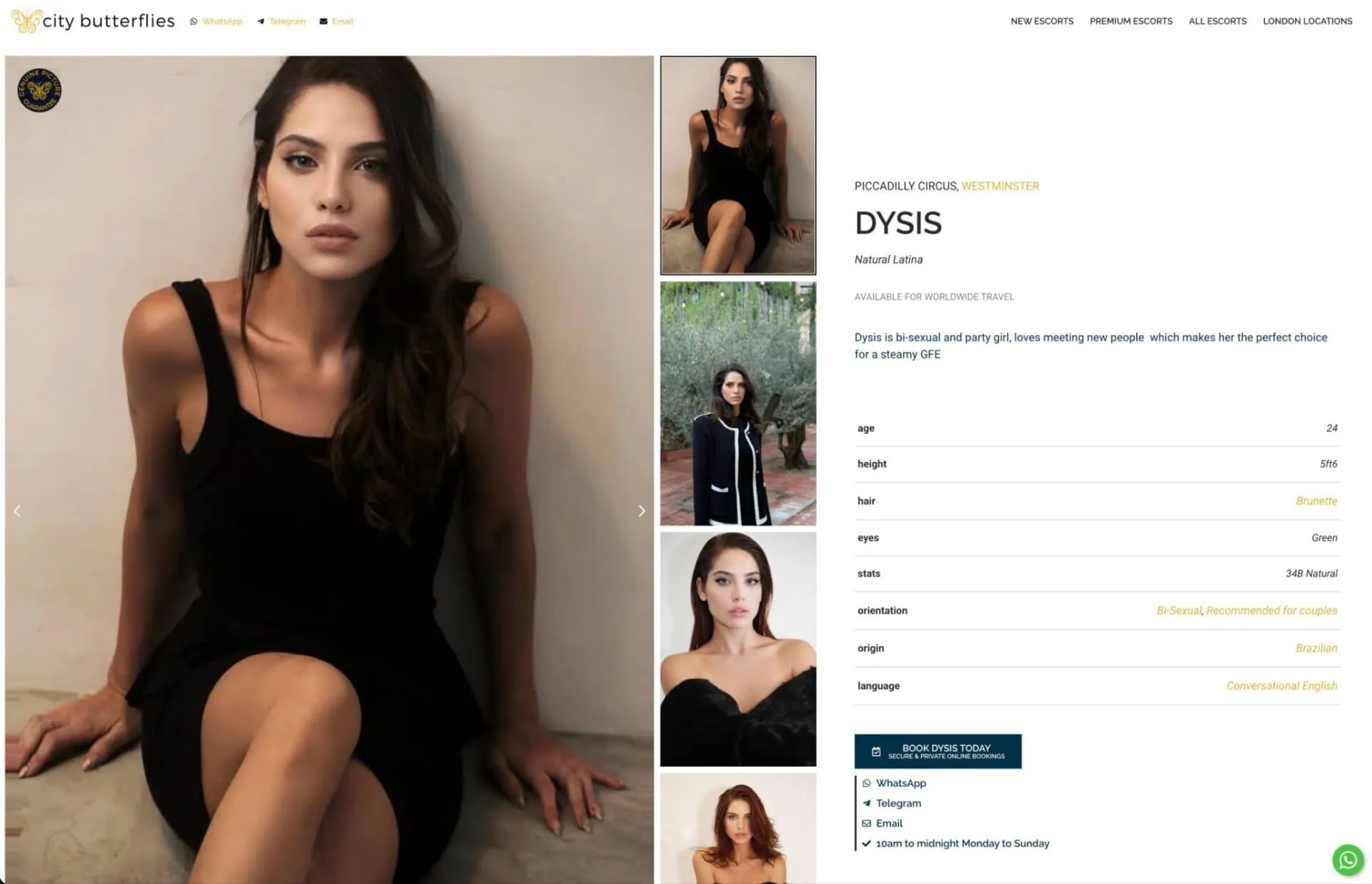 Woman in black dress on escort profile page