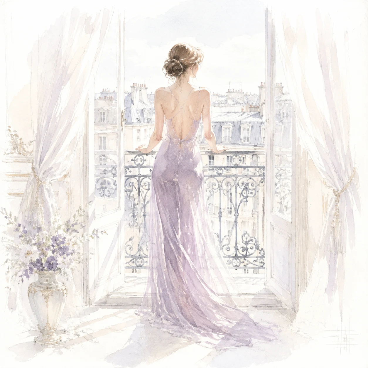 Woman in lavender gown overlooking Paris balcony