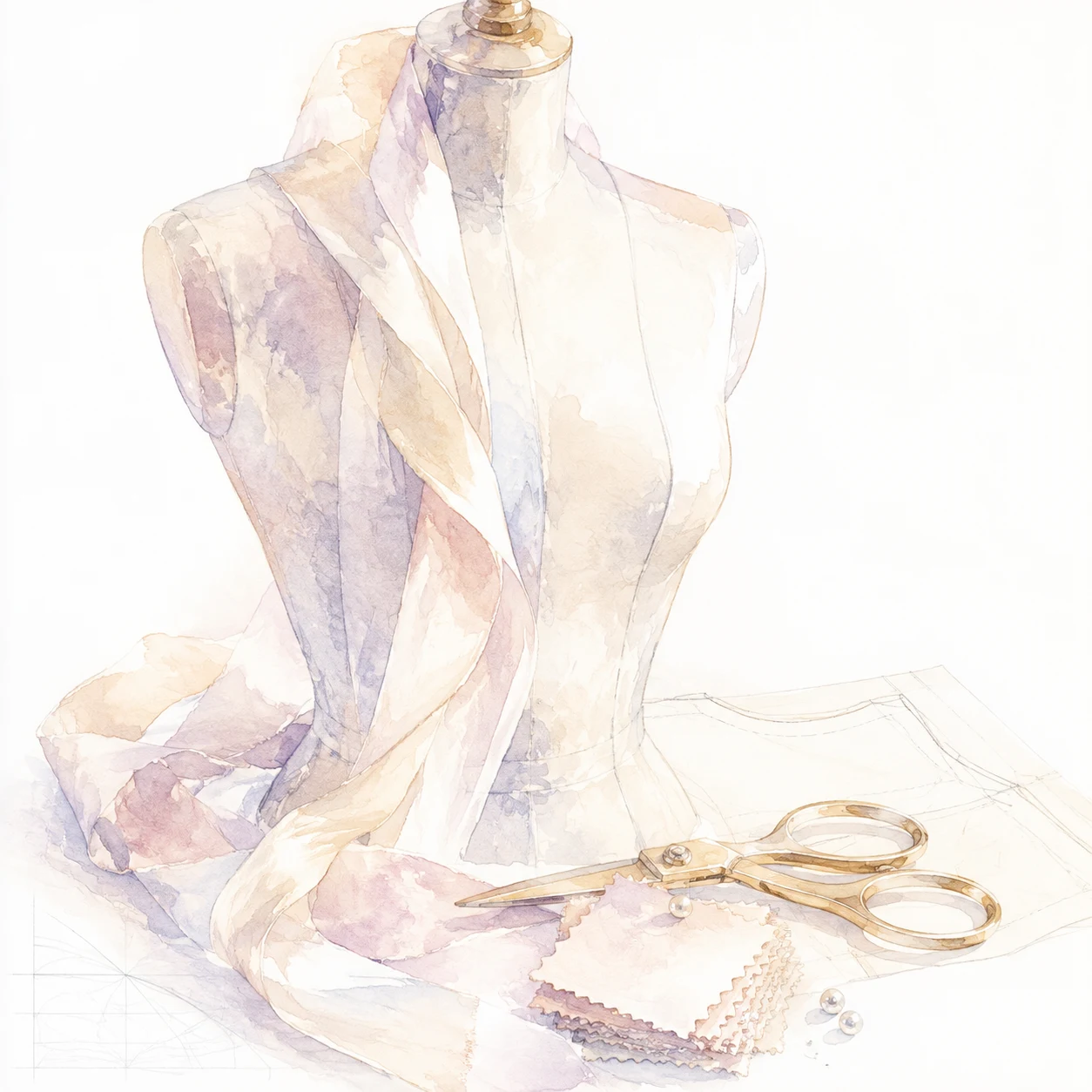 Watercolour sewing mannequin with fabric, scissors and pearls