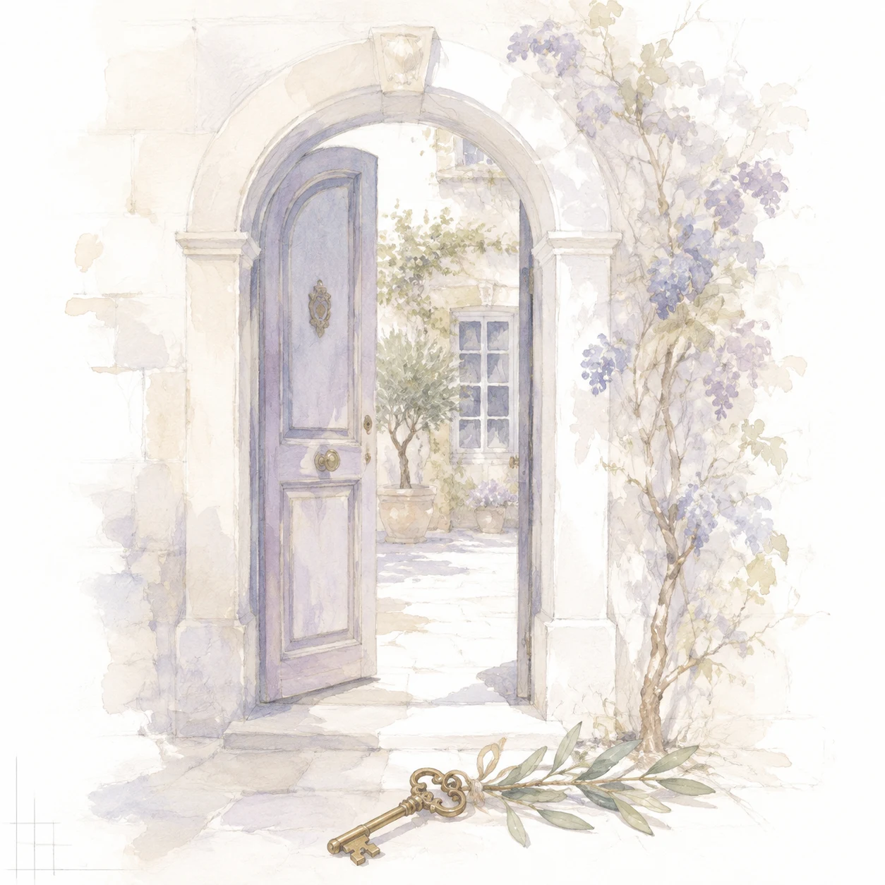 Watercolour of open lavender door with key and wisteria