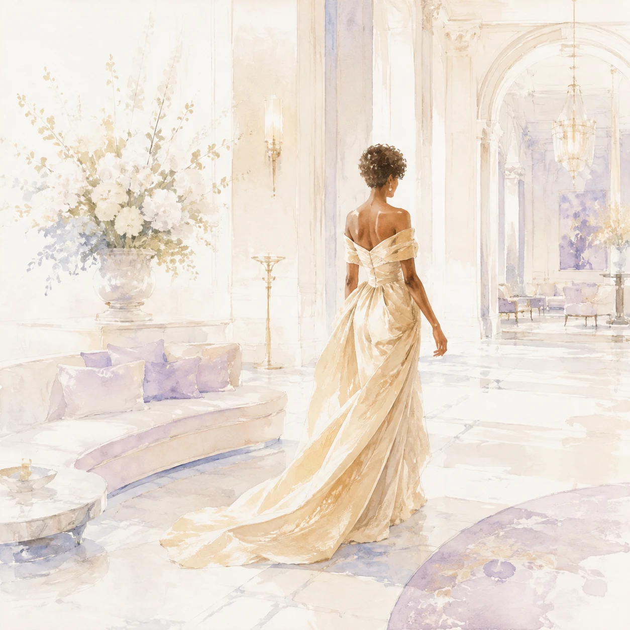 Woman in a gold gown in an elegant marble salon