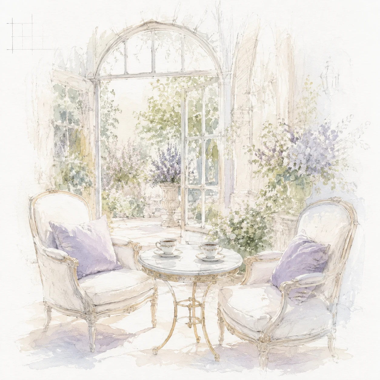 Watercolour conservatory seating with tea and lavender cushions