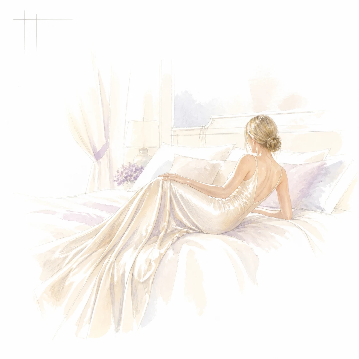 Watercolour woman in silk gown reclining on bed
