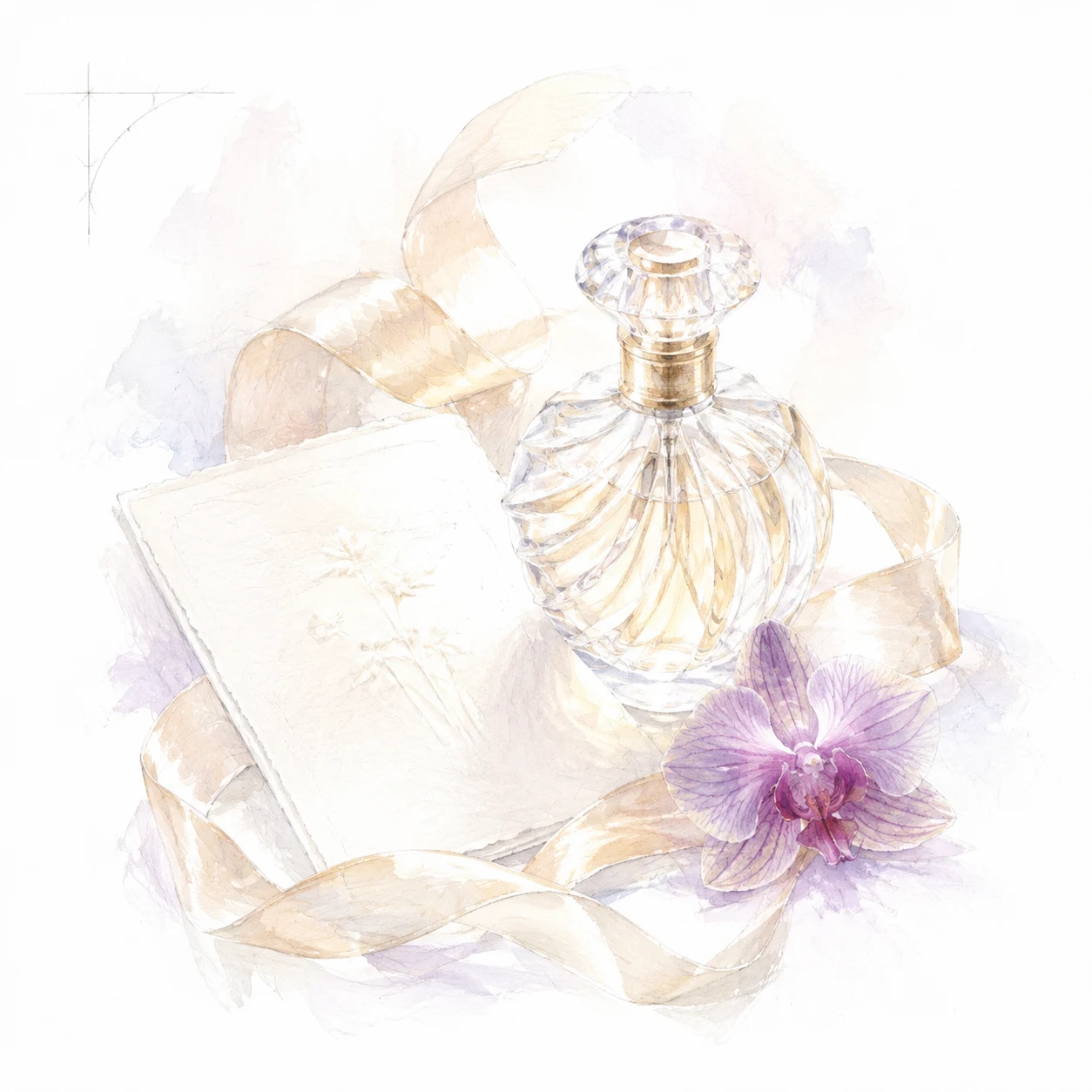 Watercolour perfume bottle with ribbon, card and purple orchid