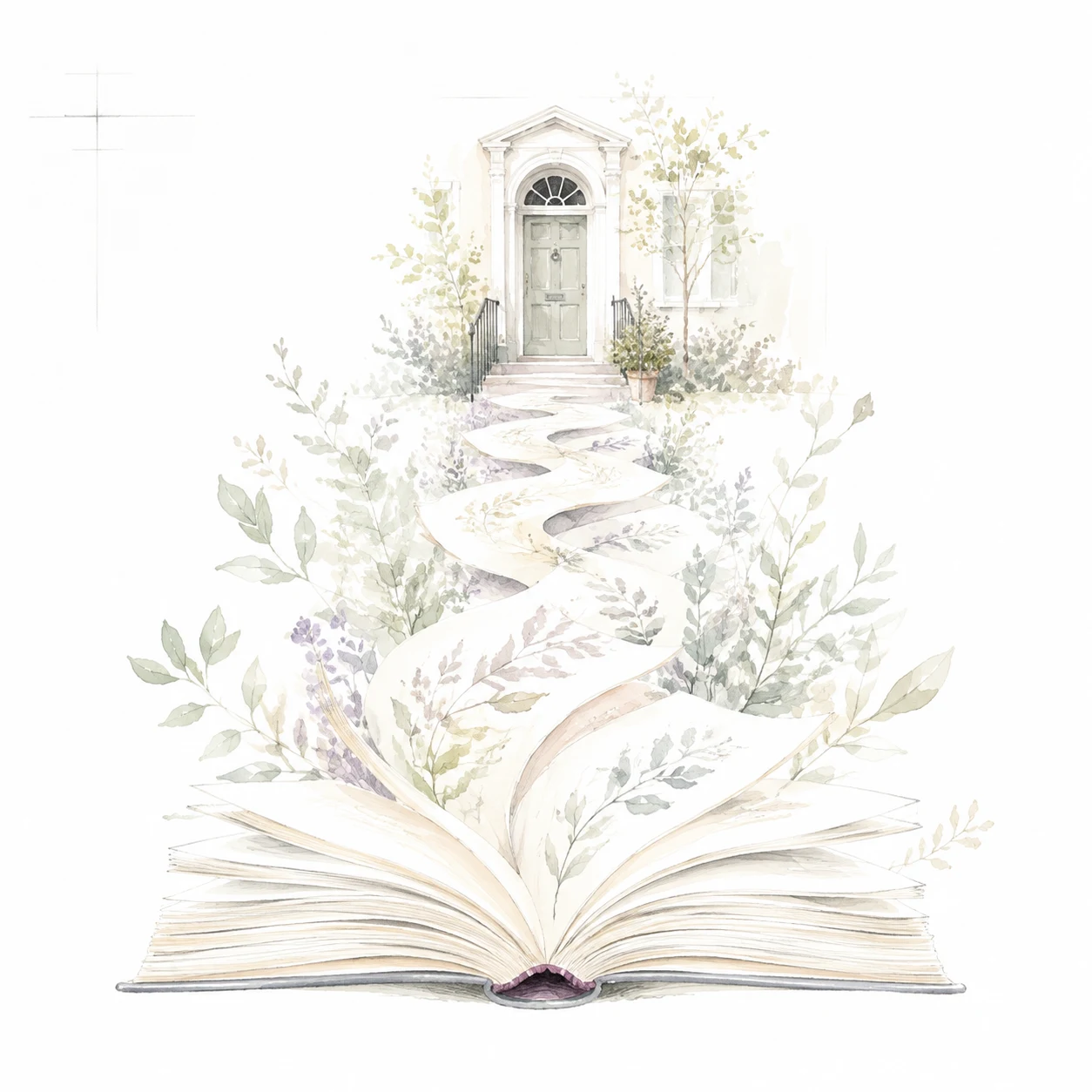 Watercolour book pages forming path to a house door