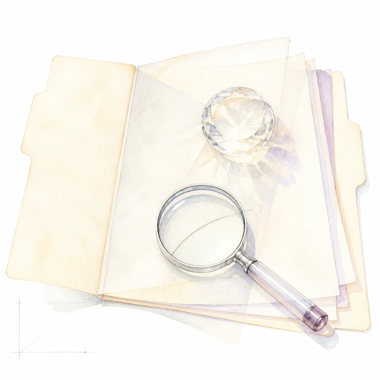 Magnifying glass and gemstone on open file folders