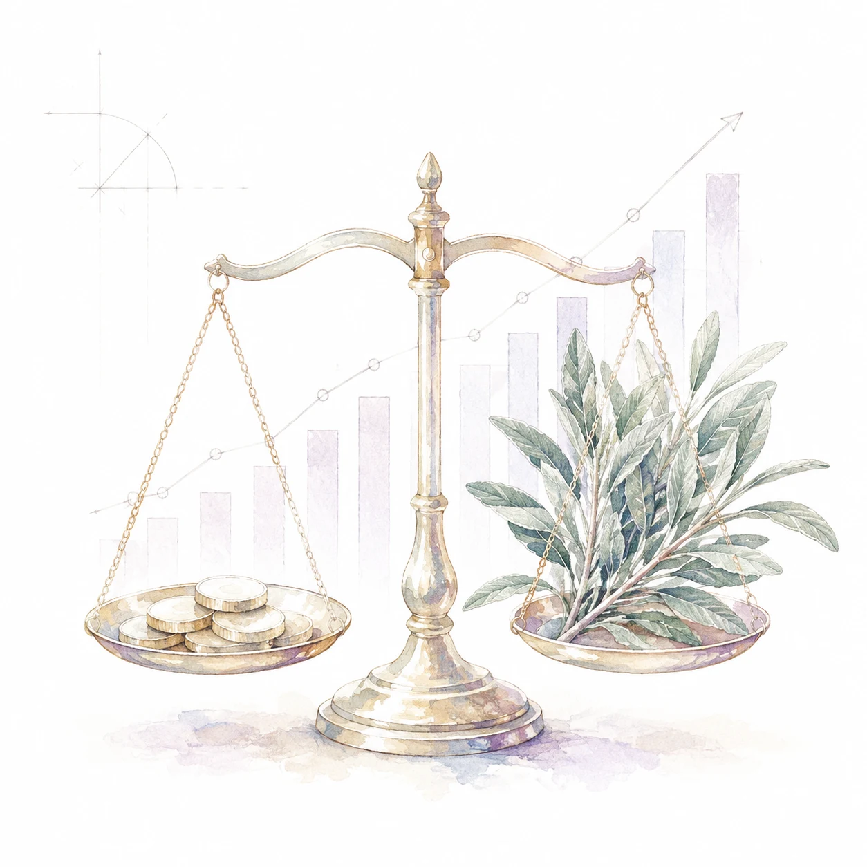 Balance scales with coins, leaves and rising financial chart