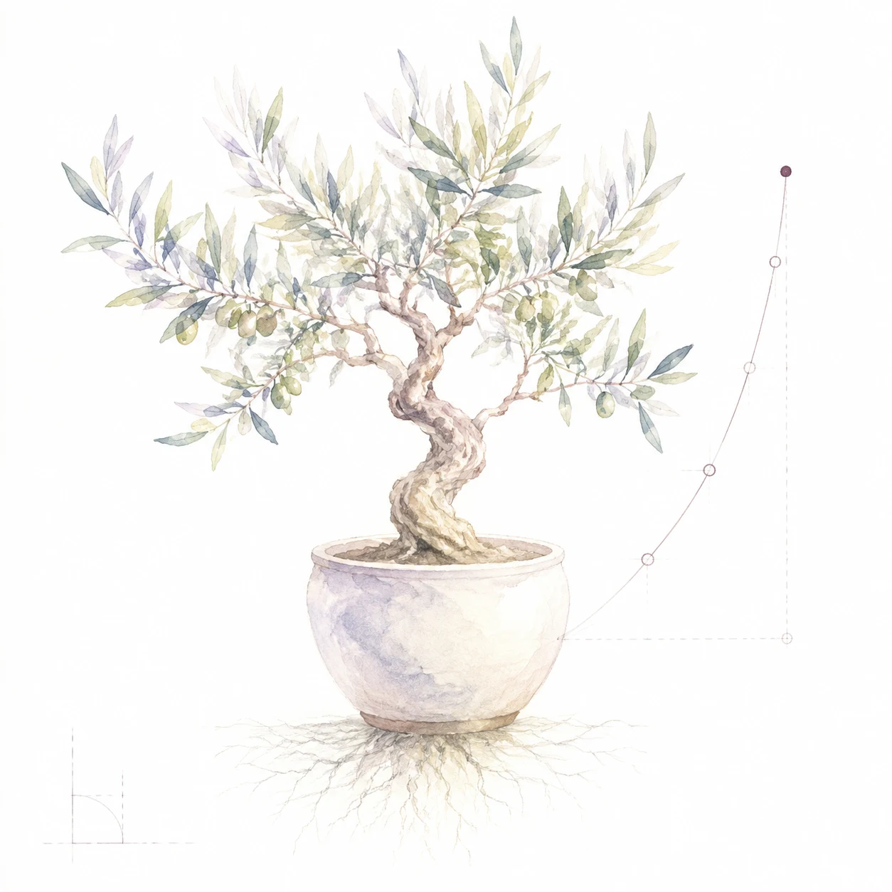 Watercolour olive tree in pot beside growth chart