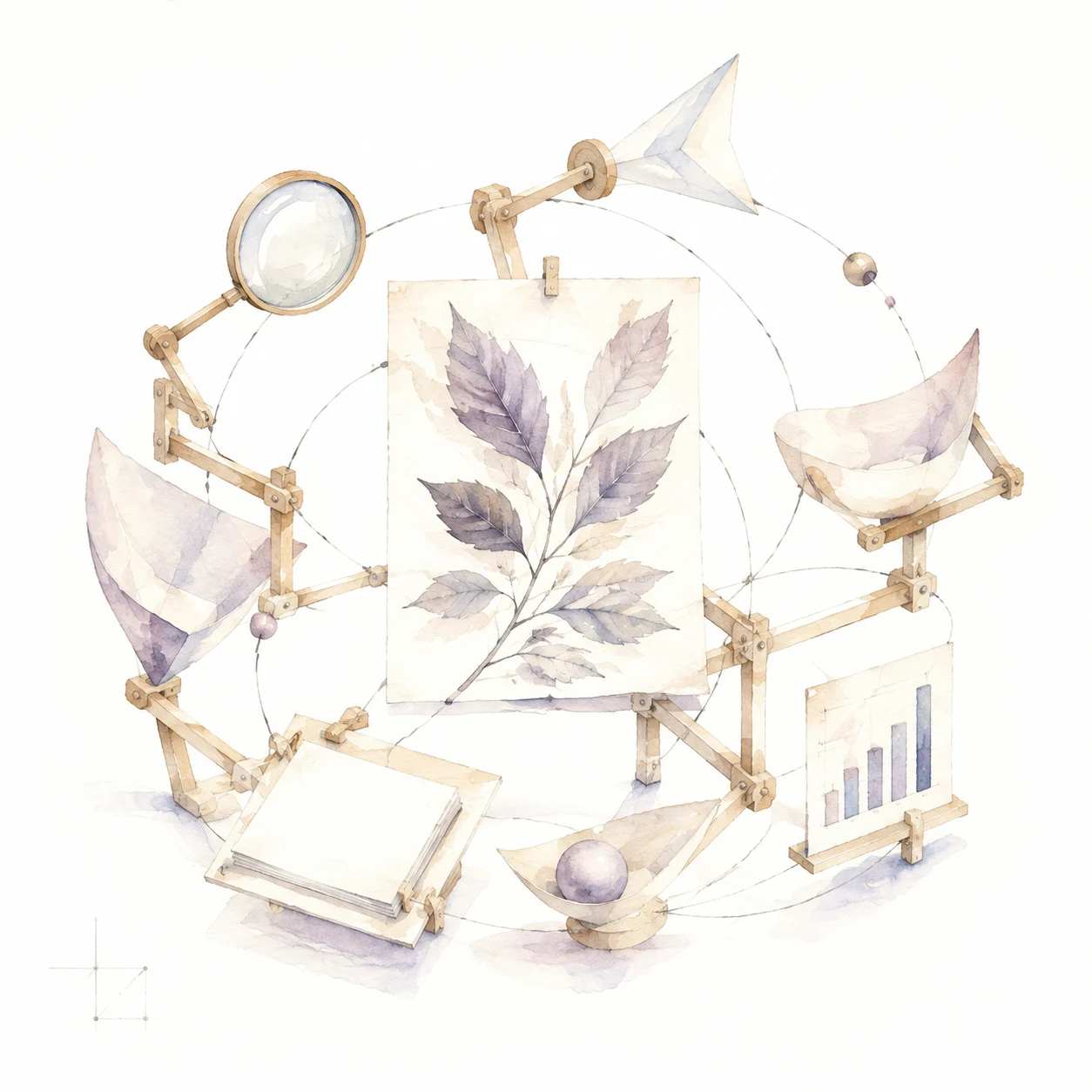 Watercolour botanical kinetic machine with leaves, charts and magnifying glass