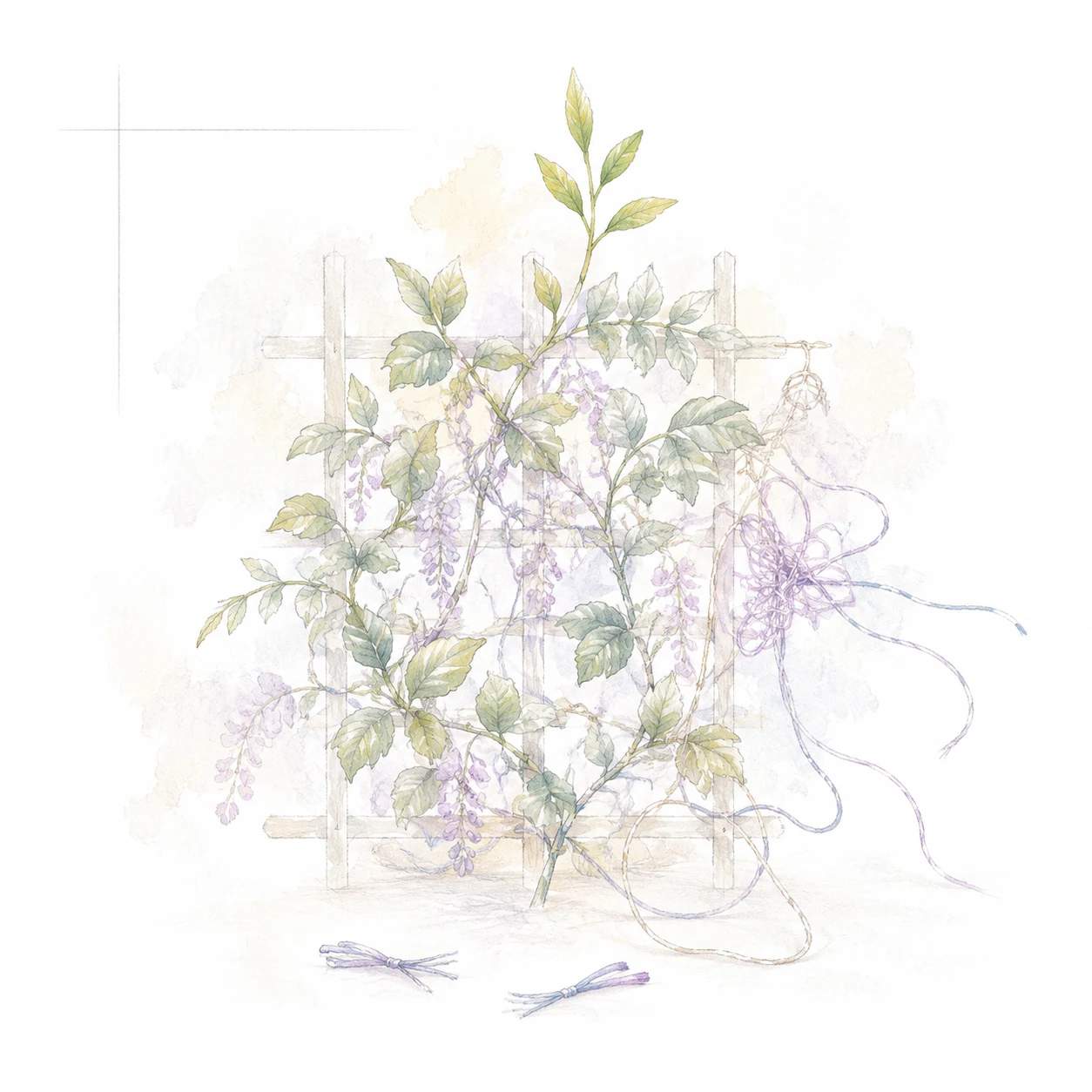 Watercolour wisteria vine climbing a wooden trellis
