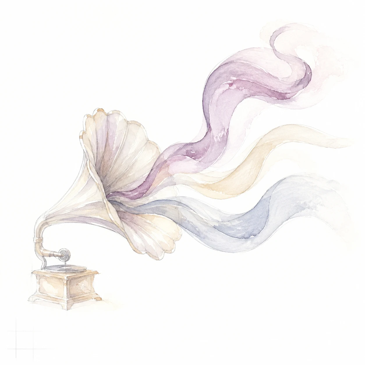 Watercolour gramophone with flowing pastel sound waves