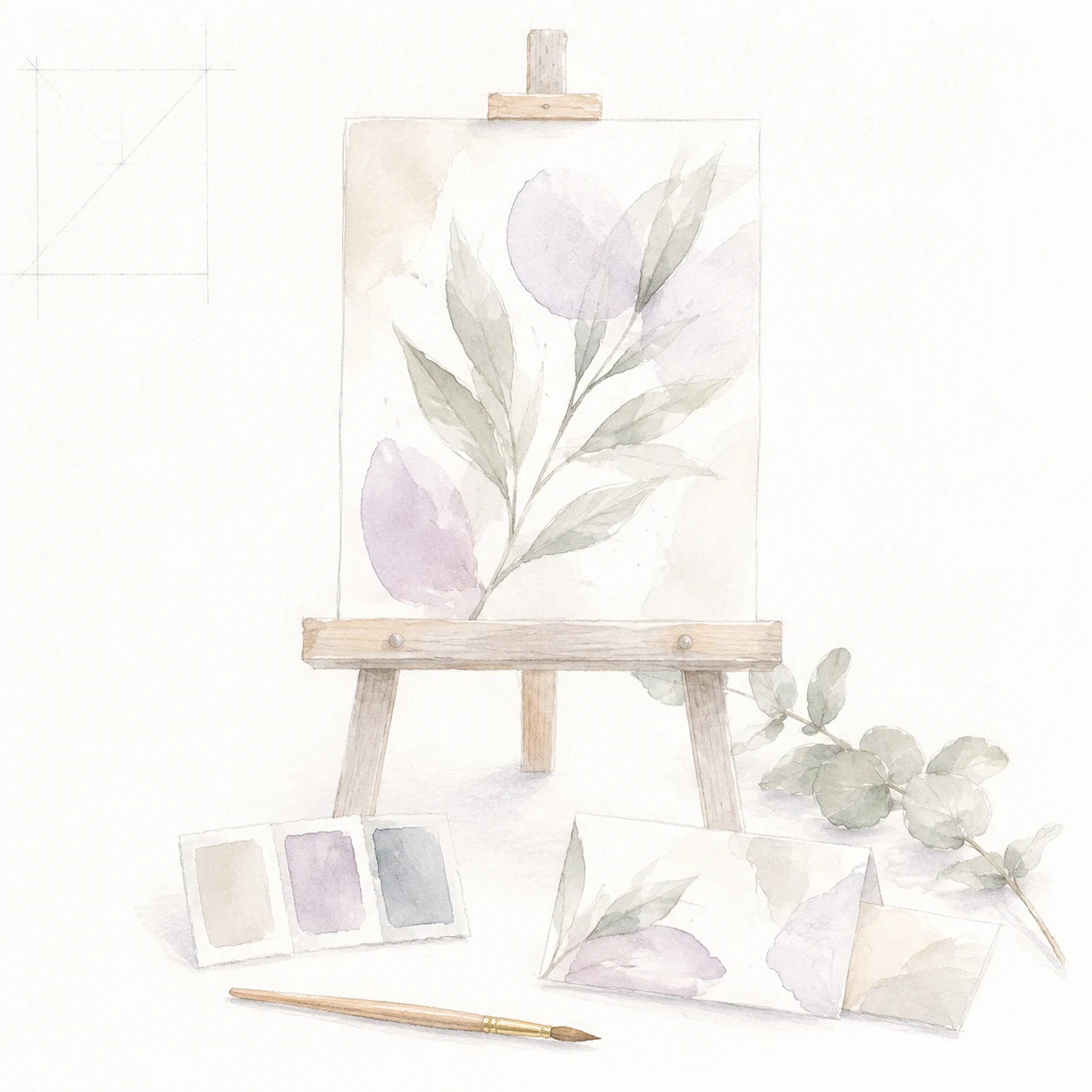 Watercolour botanical painting on easel with palette and brush