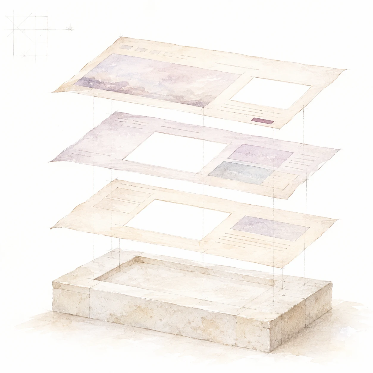 Watercolour illustration of layered display panels above a stone plinth