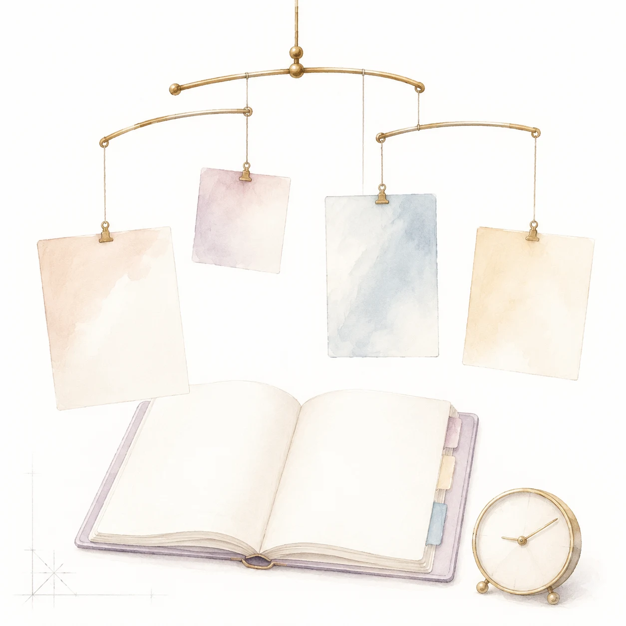 Pastel mobile above open notebook and small clock