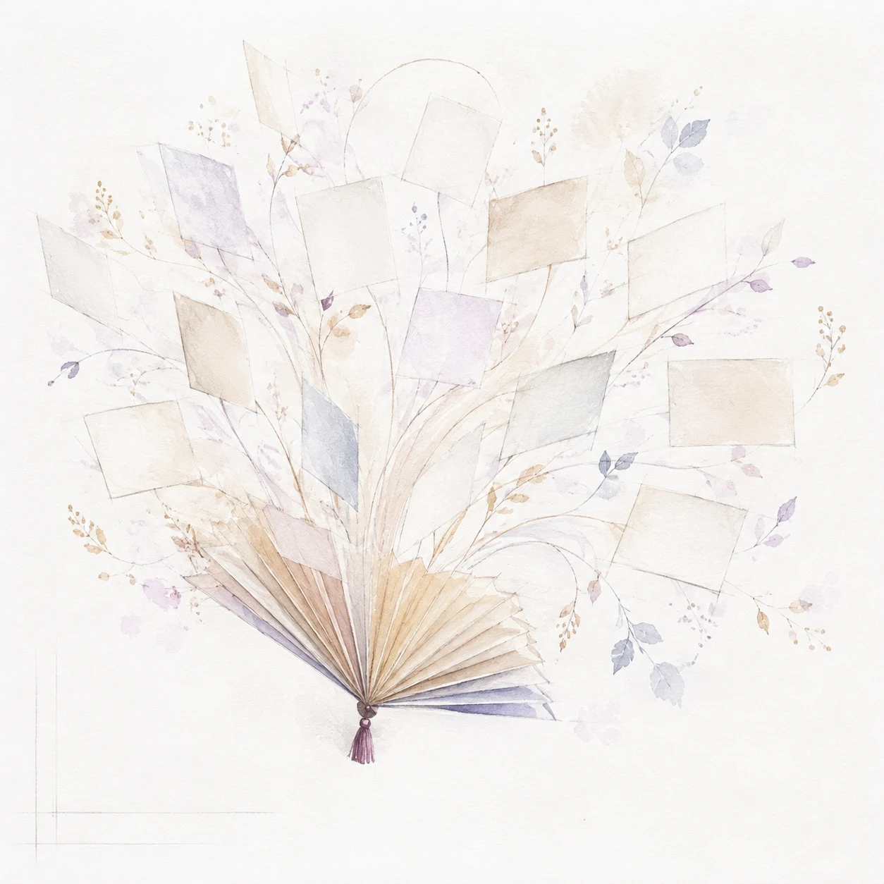 Watercolour paper fan unfolding into floating cards and botanical stems