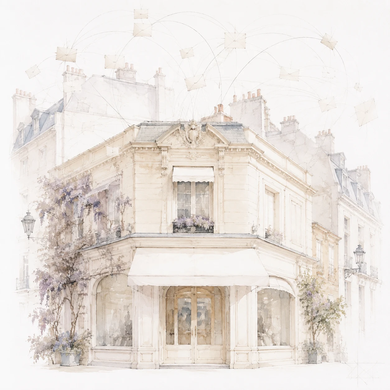 Watercolour Parisian corner building beneath floating envelopes