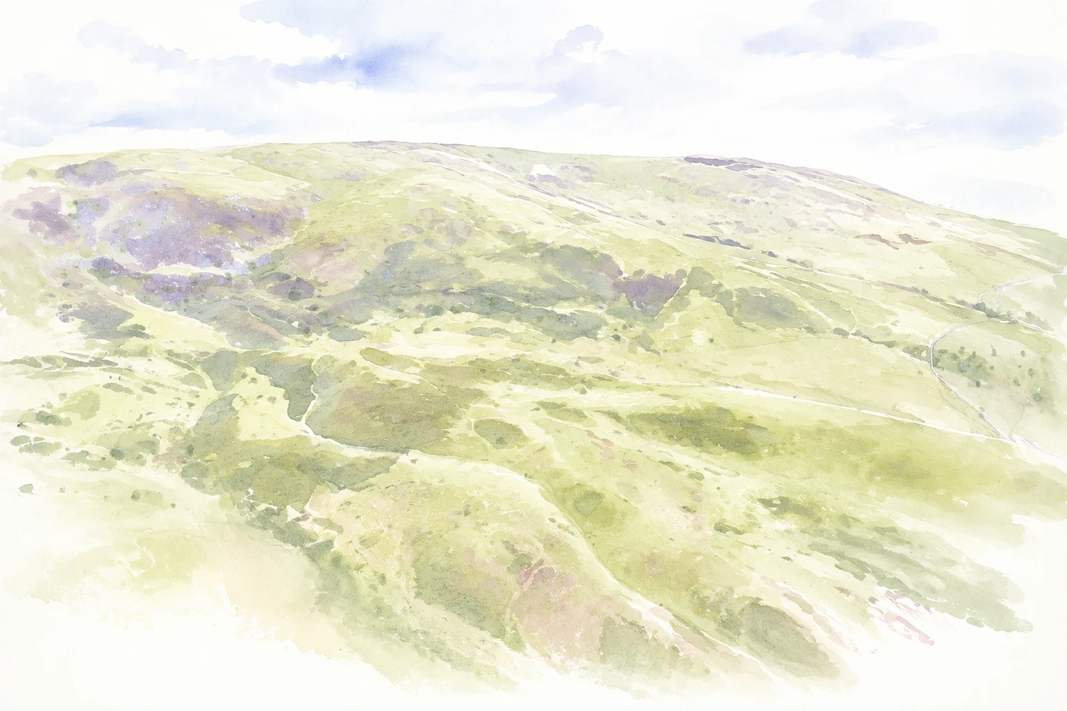 Watercolour painting of rolling green hills beneath cloudy sky