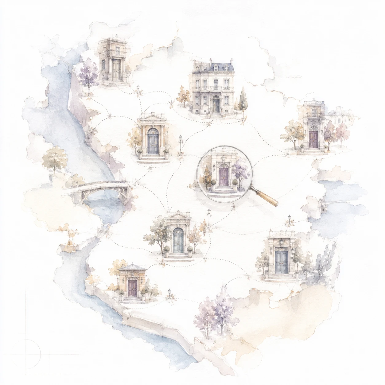 Watercolour map connecting elegant houses with dotted routes