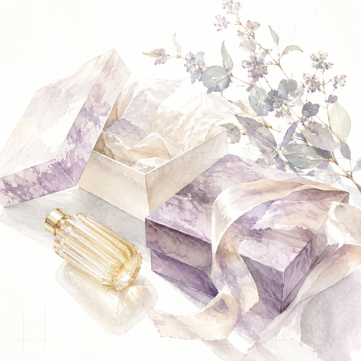 Watercolour gift boxes, perfume bottle and purple foliage