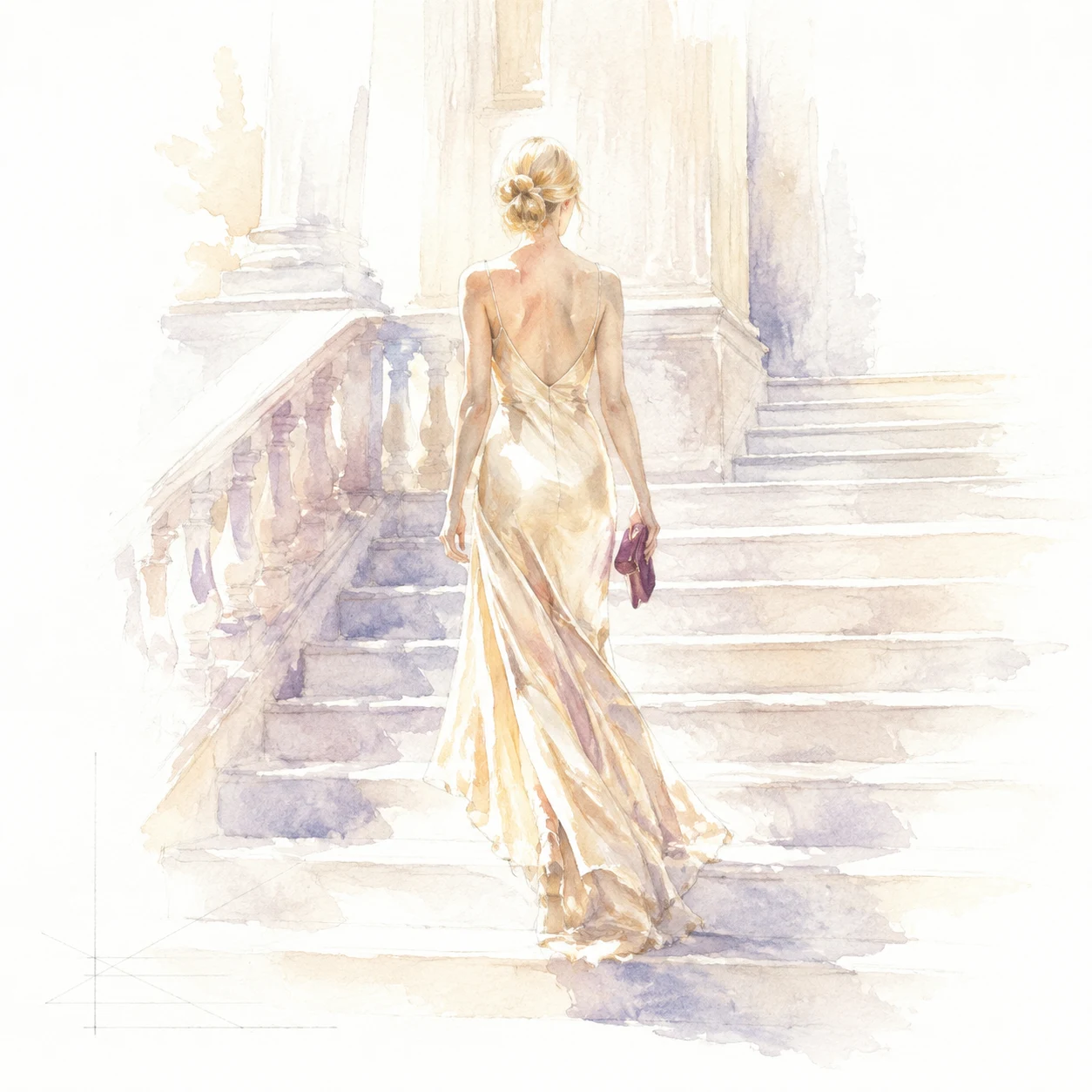 Watercolour woman in backless gown ascending grand staircase