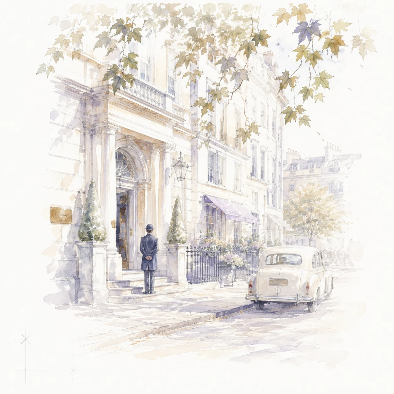 Watercolour of elegant townhouse, doorman and vintage car