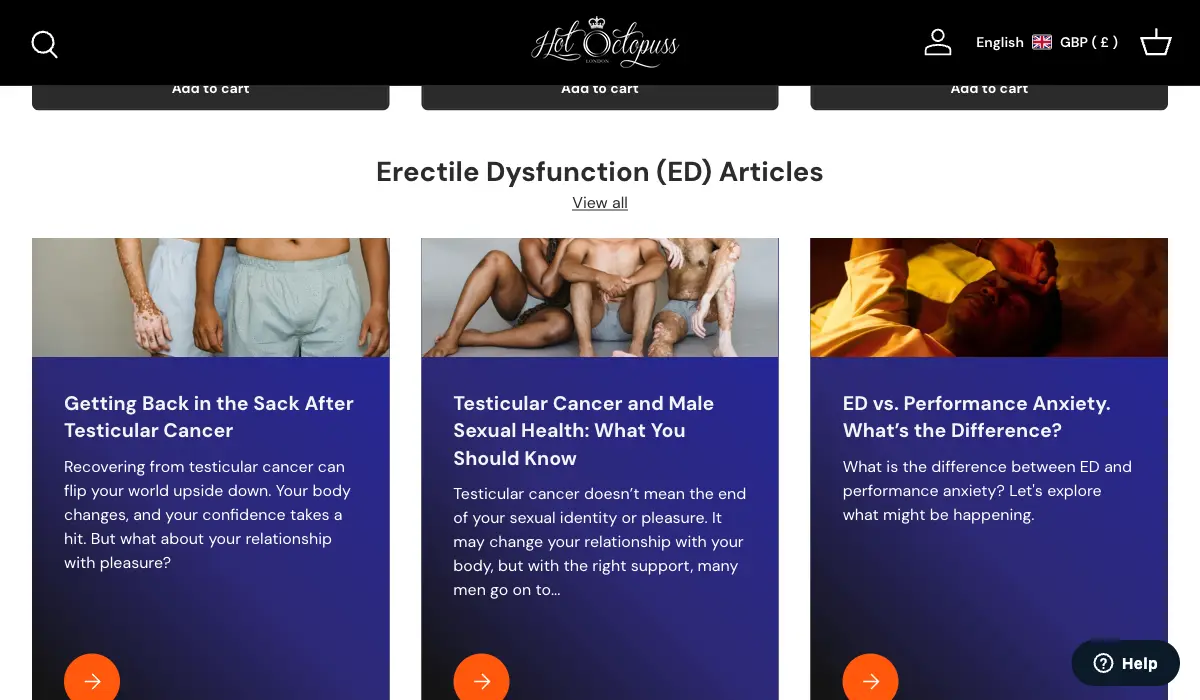 Hot Octopuss erectile dysfunction article hub organised around customer health questions.