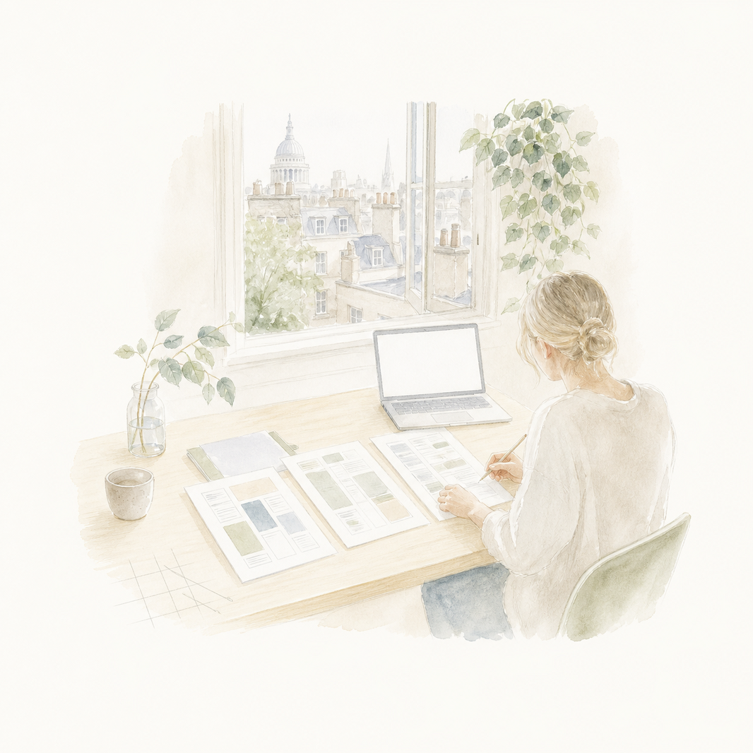 Watercolour illustration of a researcher comparing directory listings at a bright studio desk.