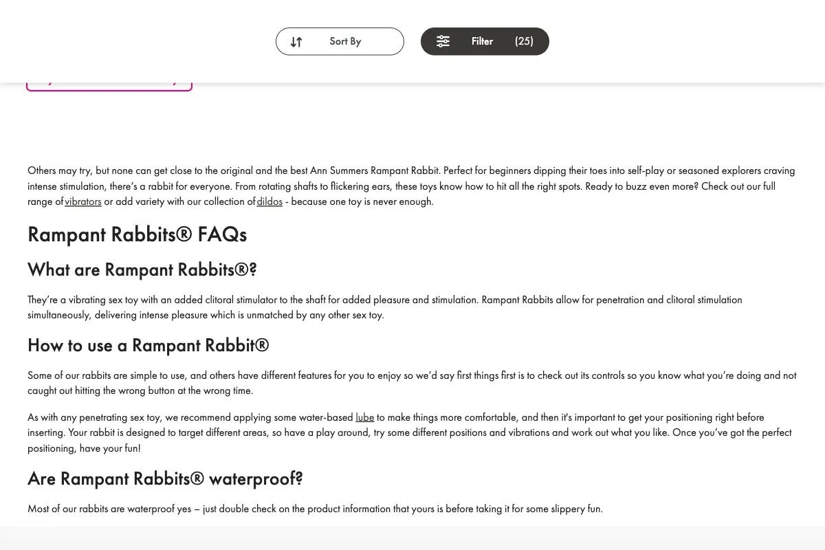 Ann Summers category FAQ answering product-use and waterproofing questions.