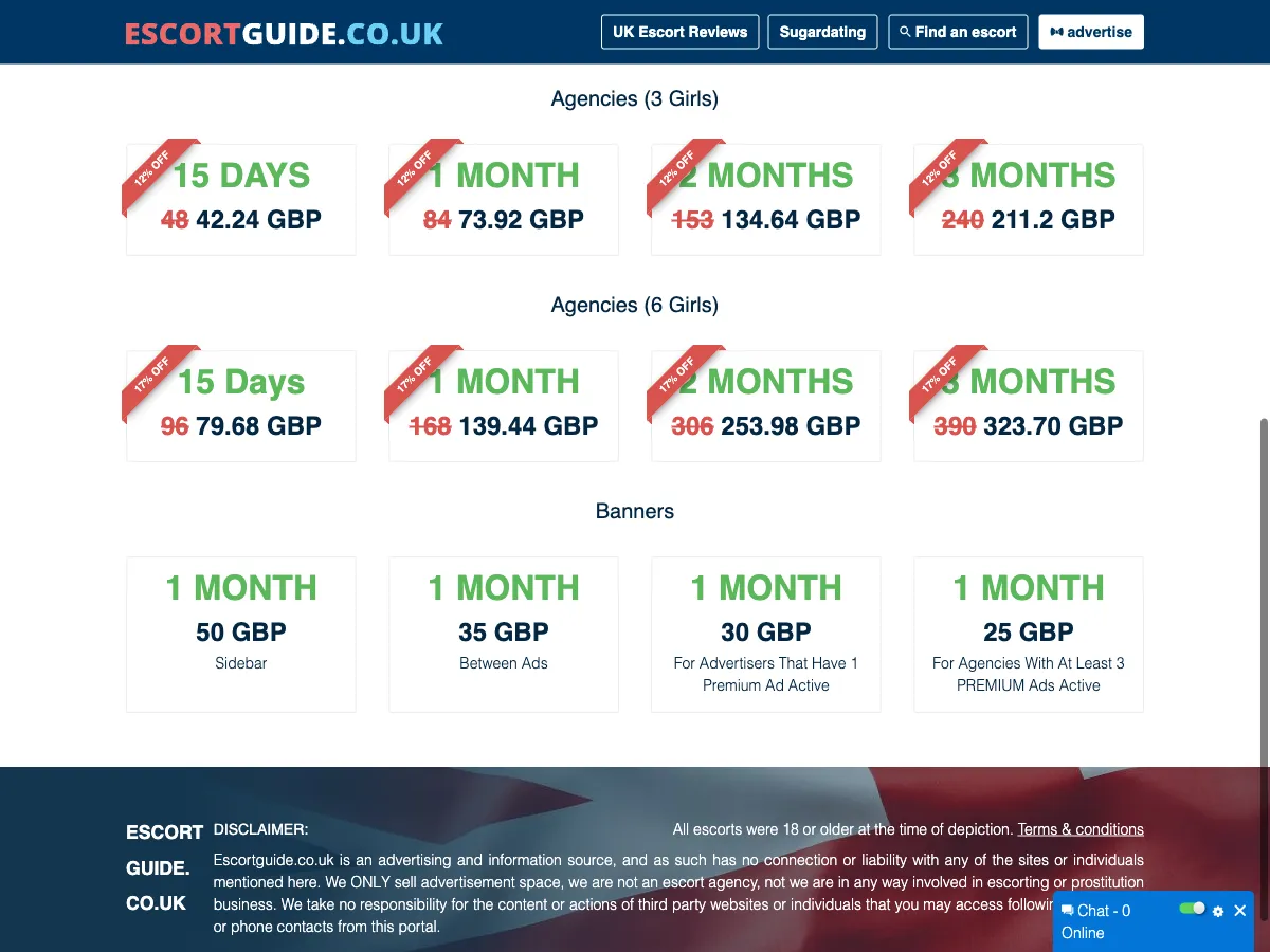 EscortGuide pricing for agency packages with three and six profiles.