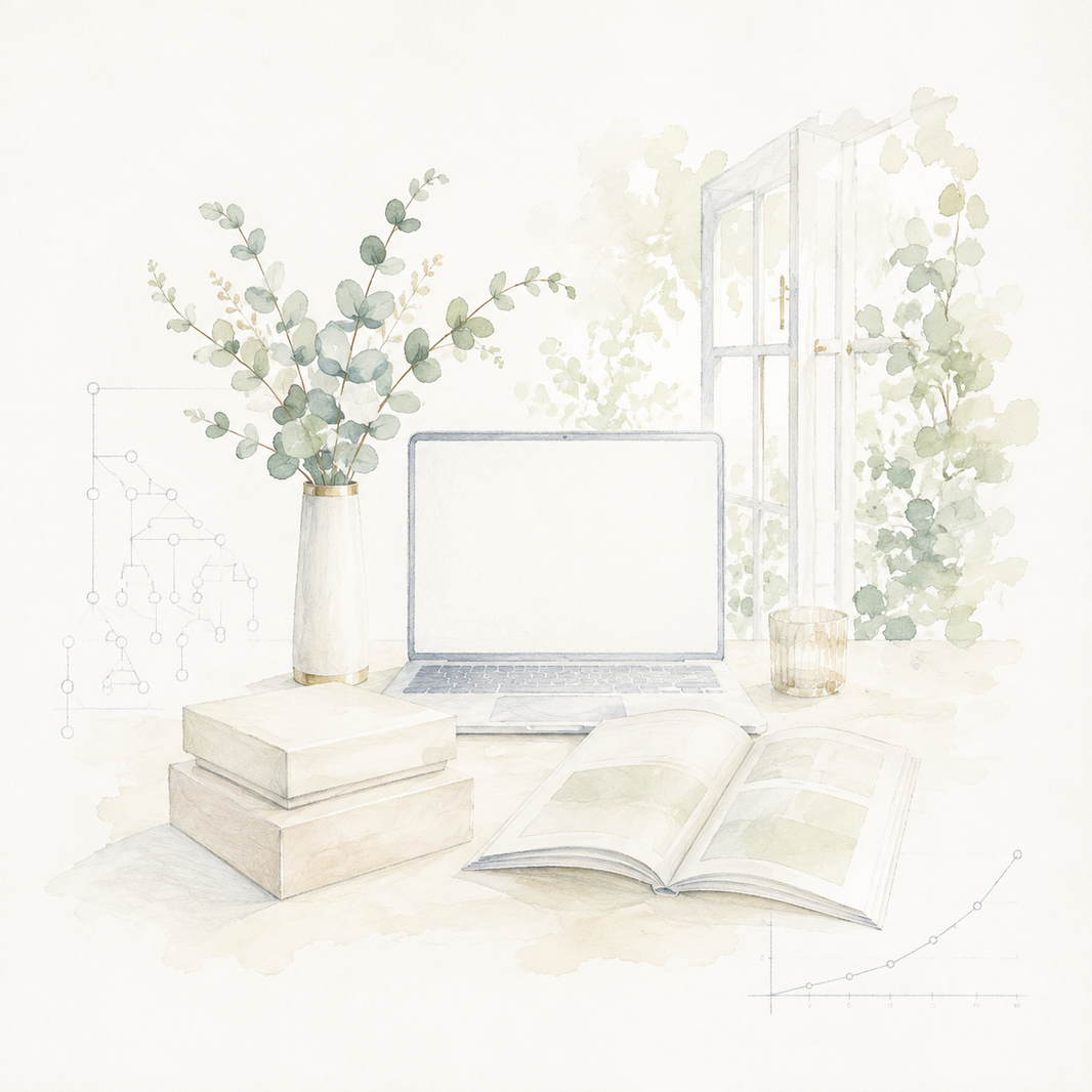 Watercolour illustration of a laptop, discreet parcels and a catalogue in a light creative studio.
