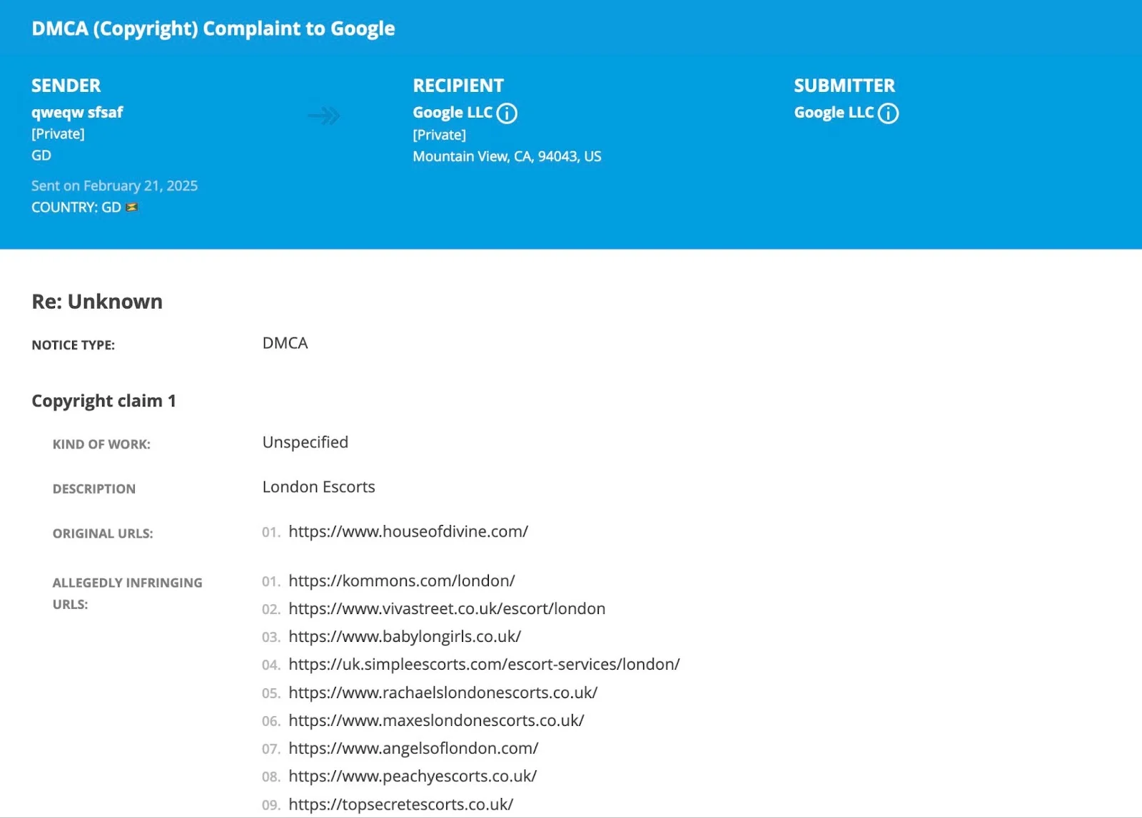 A copyright notice record naming a sender, the description London Escorts, one original URL and a list of allegedly infringing URLs.