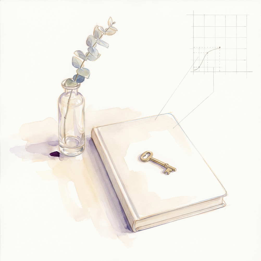 Watercolour illustration of a brass key resting on a closed notebook beside a glass vase of eucalyptus