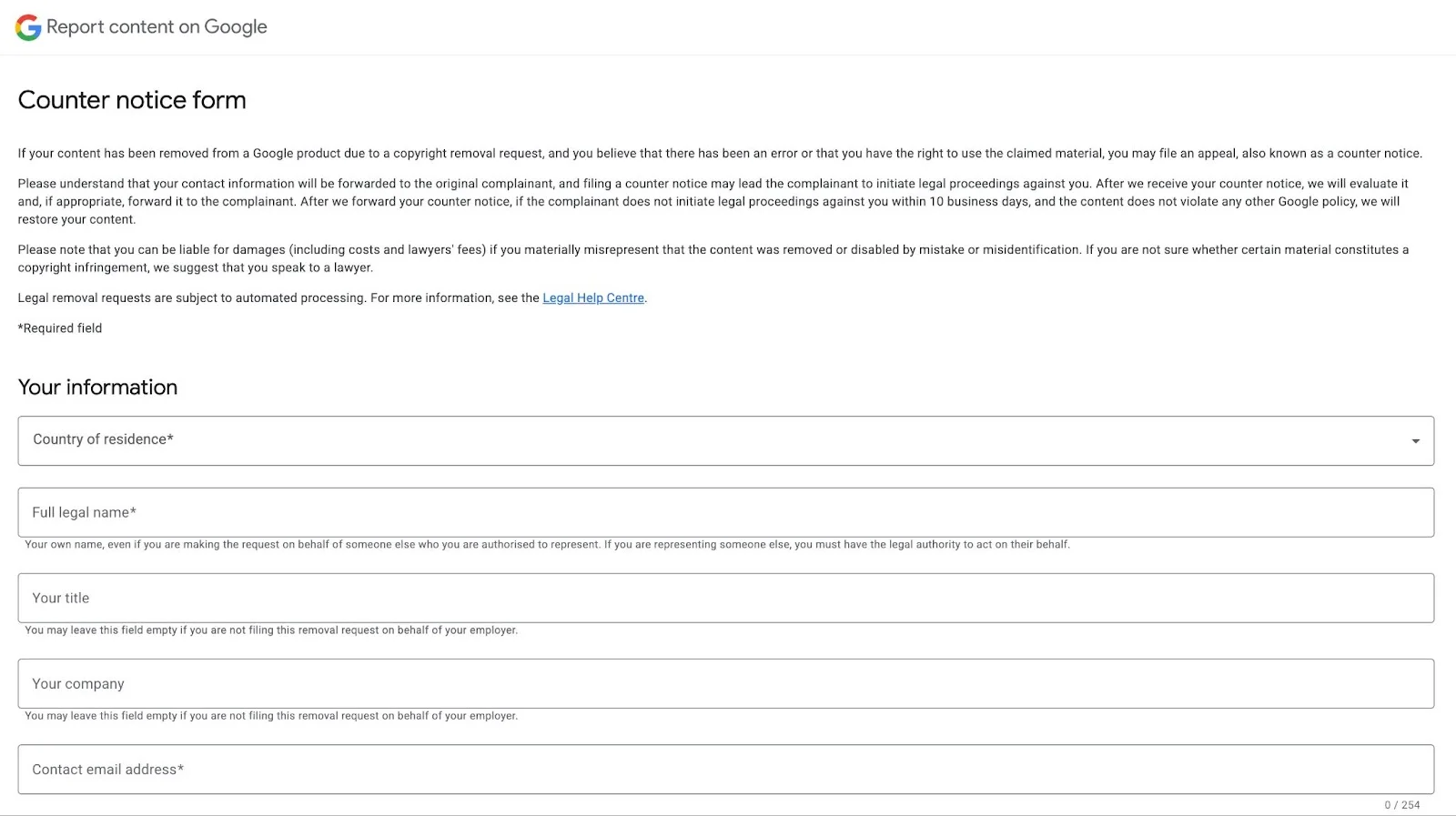 Google's counter notice form, with fields for country of residence, full legal name, title, company and contact email address.